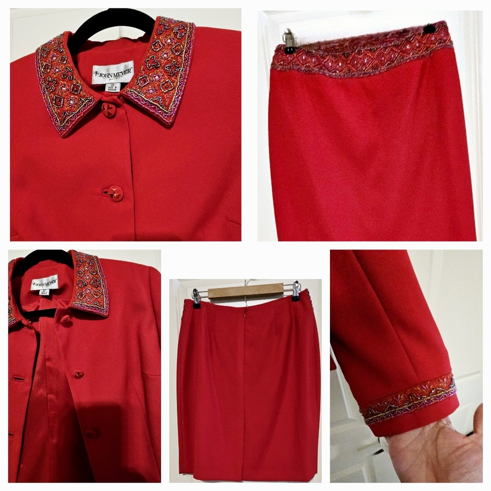 NWT John Meyer Red Beaded Skirt Suit 12P - Jeweled Collar & Cuffs